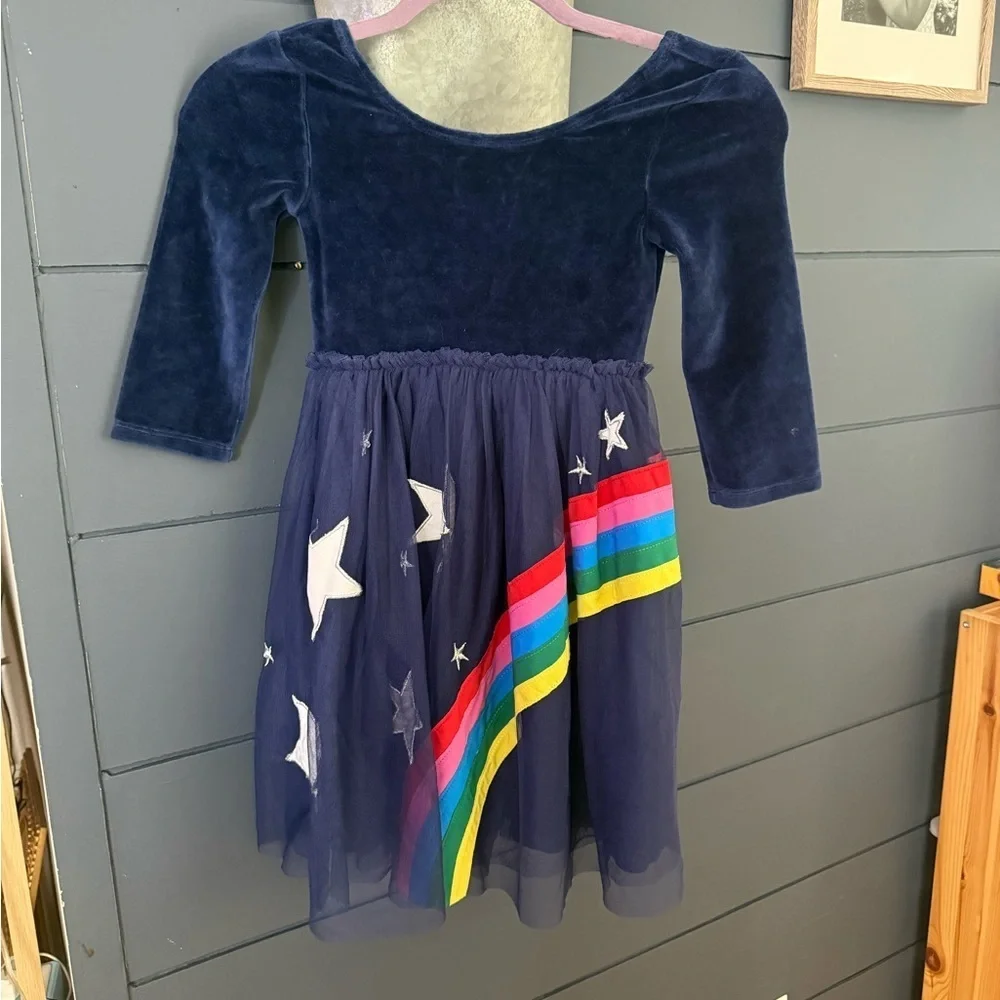 Mini Boden Velvet Bodice Tulle Dress in College Navy Rainbow 7-8 NWT